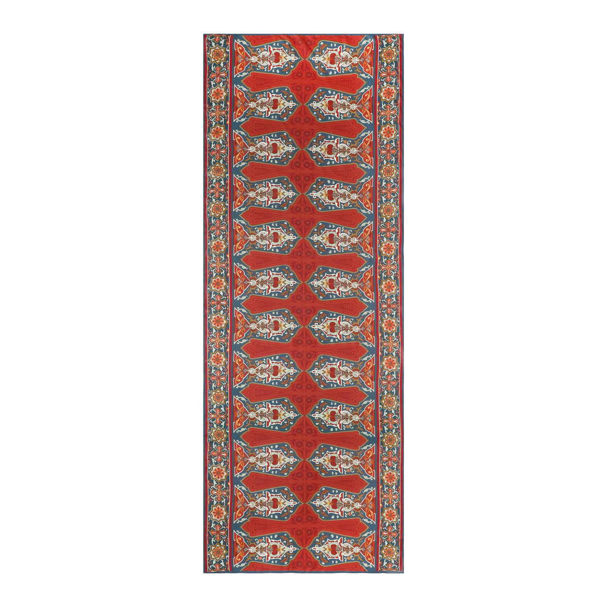 Red and blue scarf featuring a traditional Bukhara print.