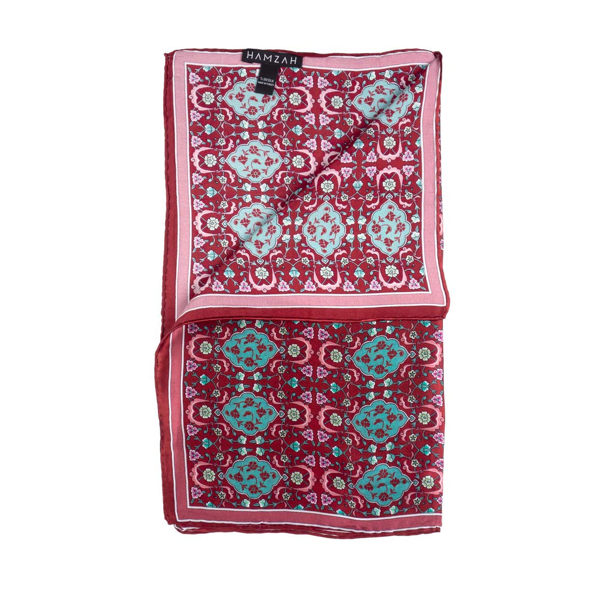 Red and Turquoise Silk Scarf Koltuk, folded showing the Hamzah label