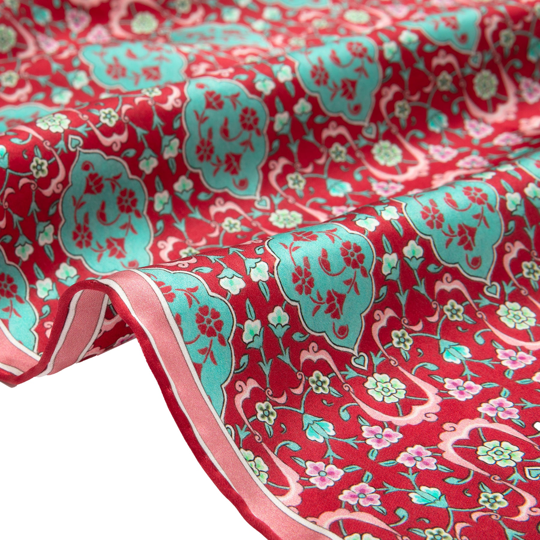 Hand-rolled edge detail of the Red and Turquoise Silk Scarf Koltuk · Double-Sided