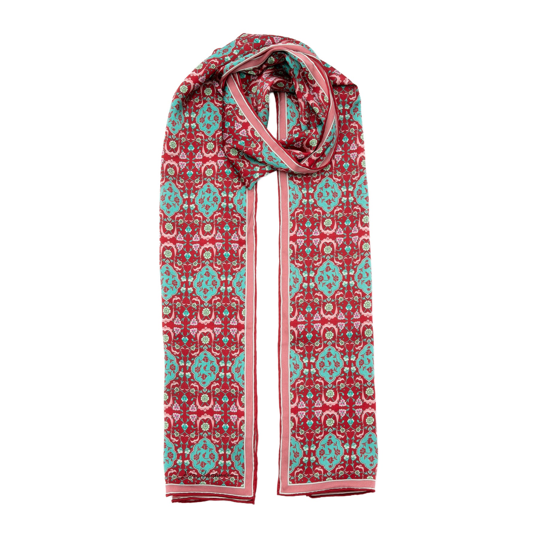 Red and Turquoise Silk Scarf Koltuk · Double-Sided, draped around the neck