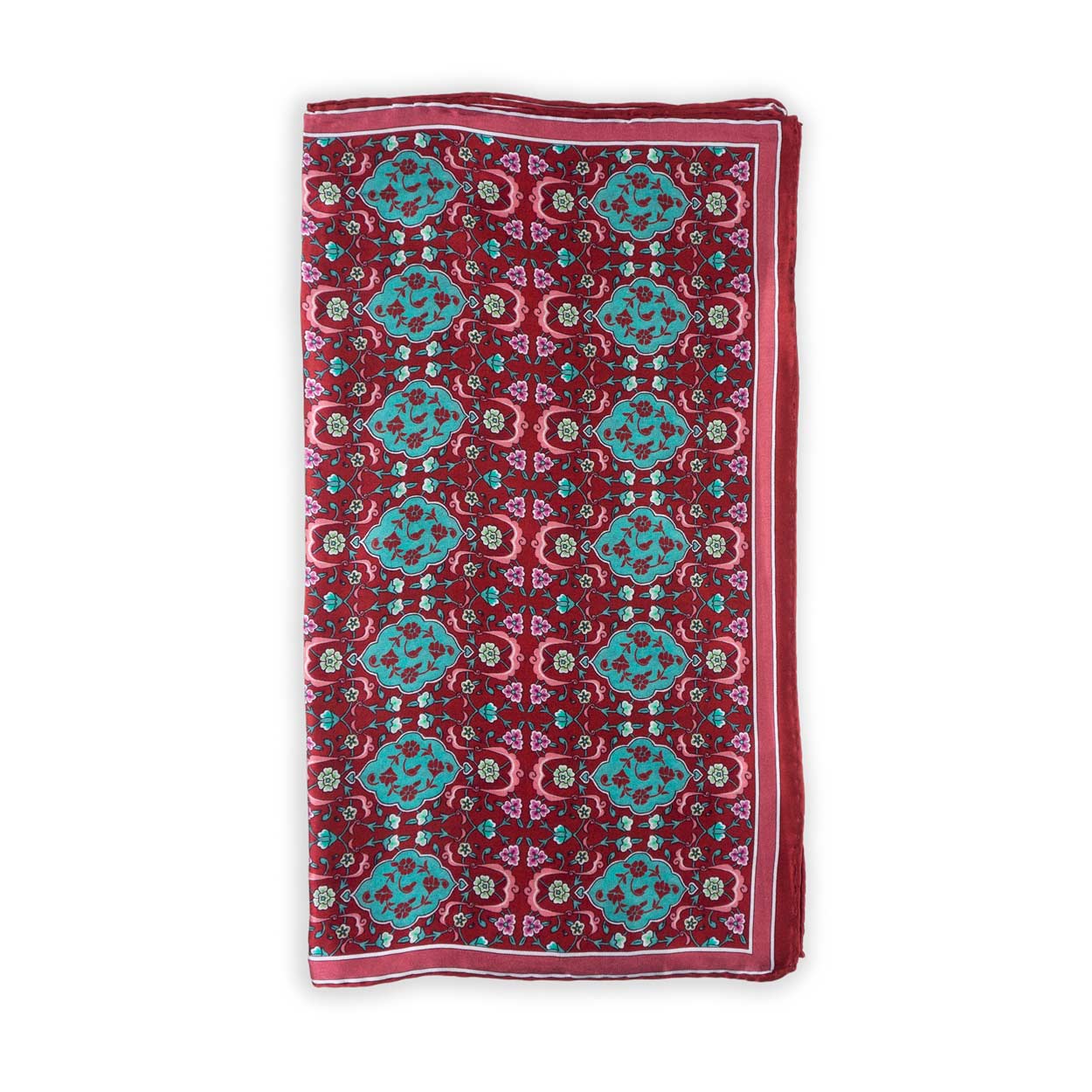 Red and Turquoise Silk Scarf Koltuk, full view of the print