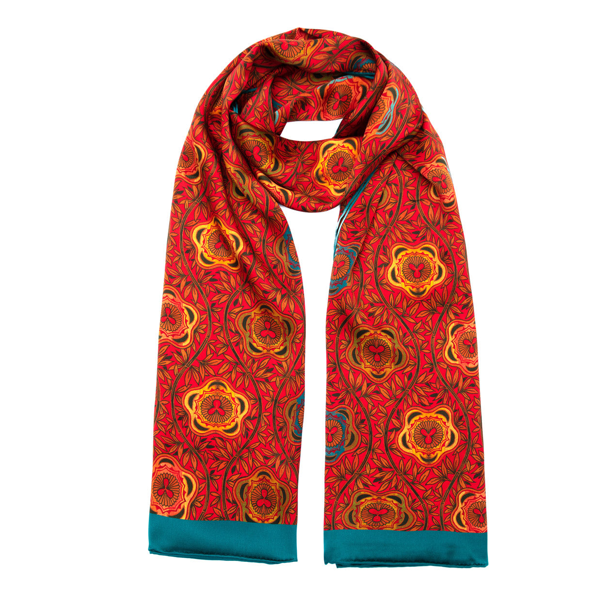 Red floral scarf displayed in a long loop, highlighting the bold orange, gold, and teal motifs against the vibrant background.