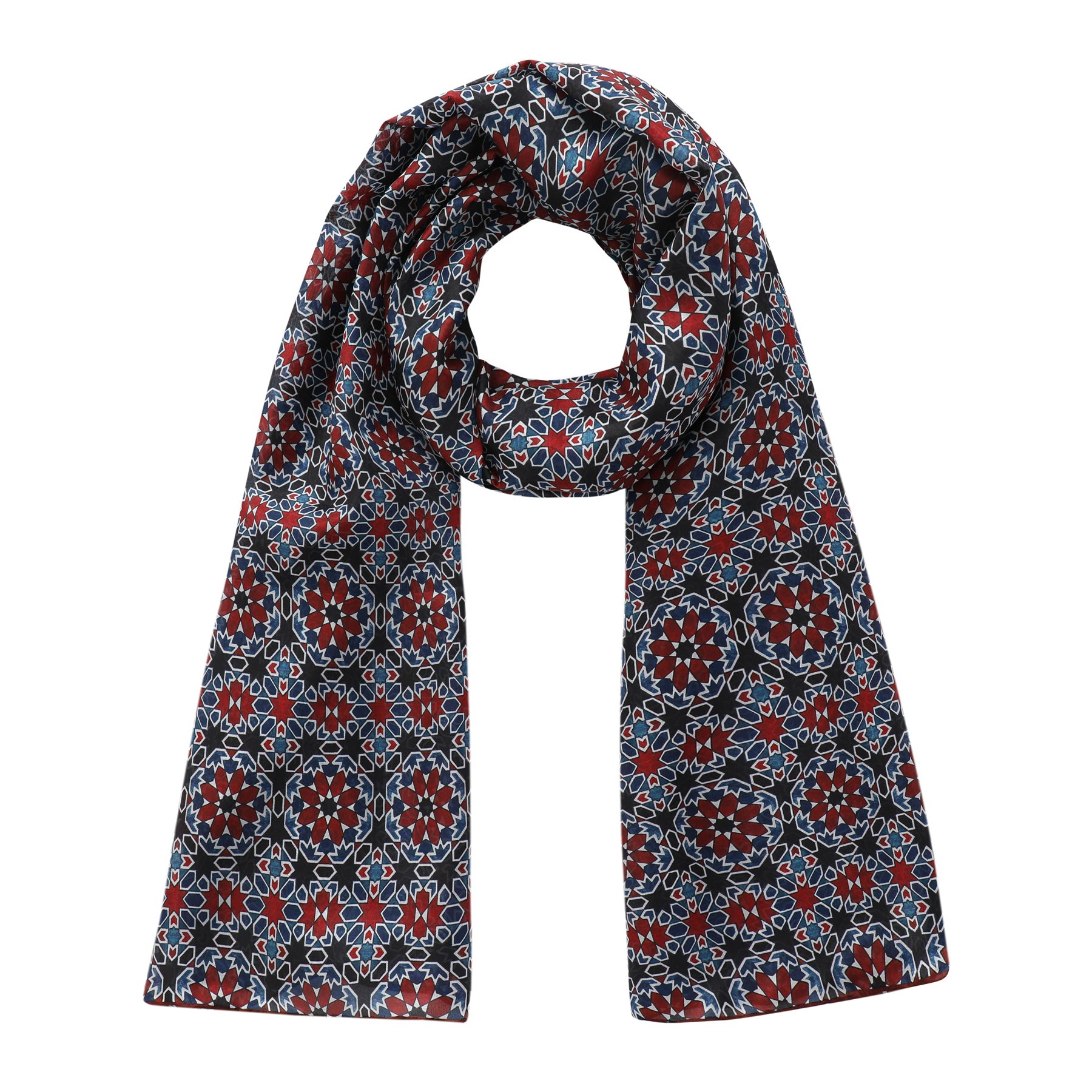 Red and blue silk scarf with islamic tiles print