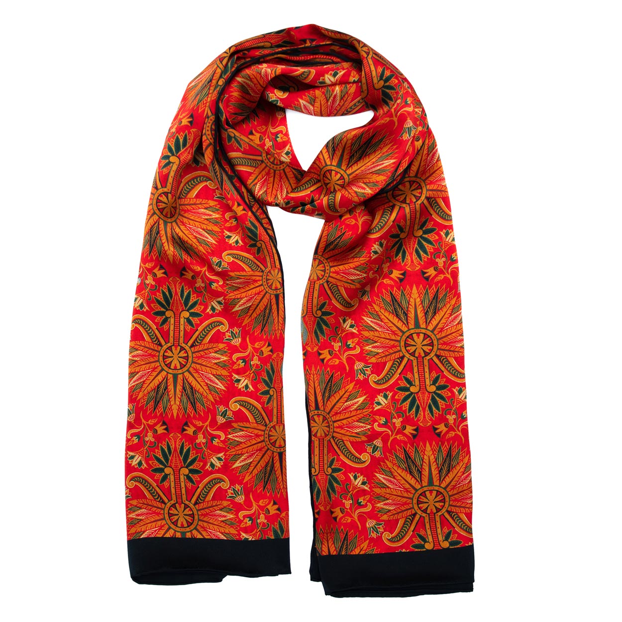 Red silk scarf adorned with golden and green floral patterns, draped and lightly knotted, featuring black trim that accentuates its elegant style.