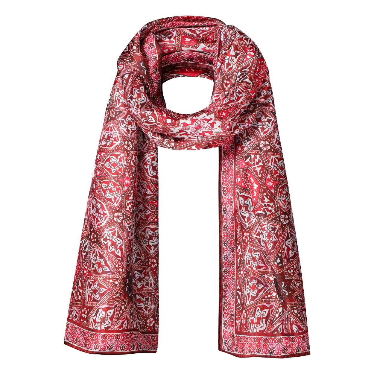 Luxurious red silk scarf with intricate Andalusian geometric motifs. Inspired by Islamic art, this elegant accessory adds a touch of sophistication and heritage to any outfit.