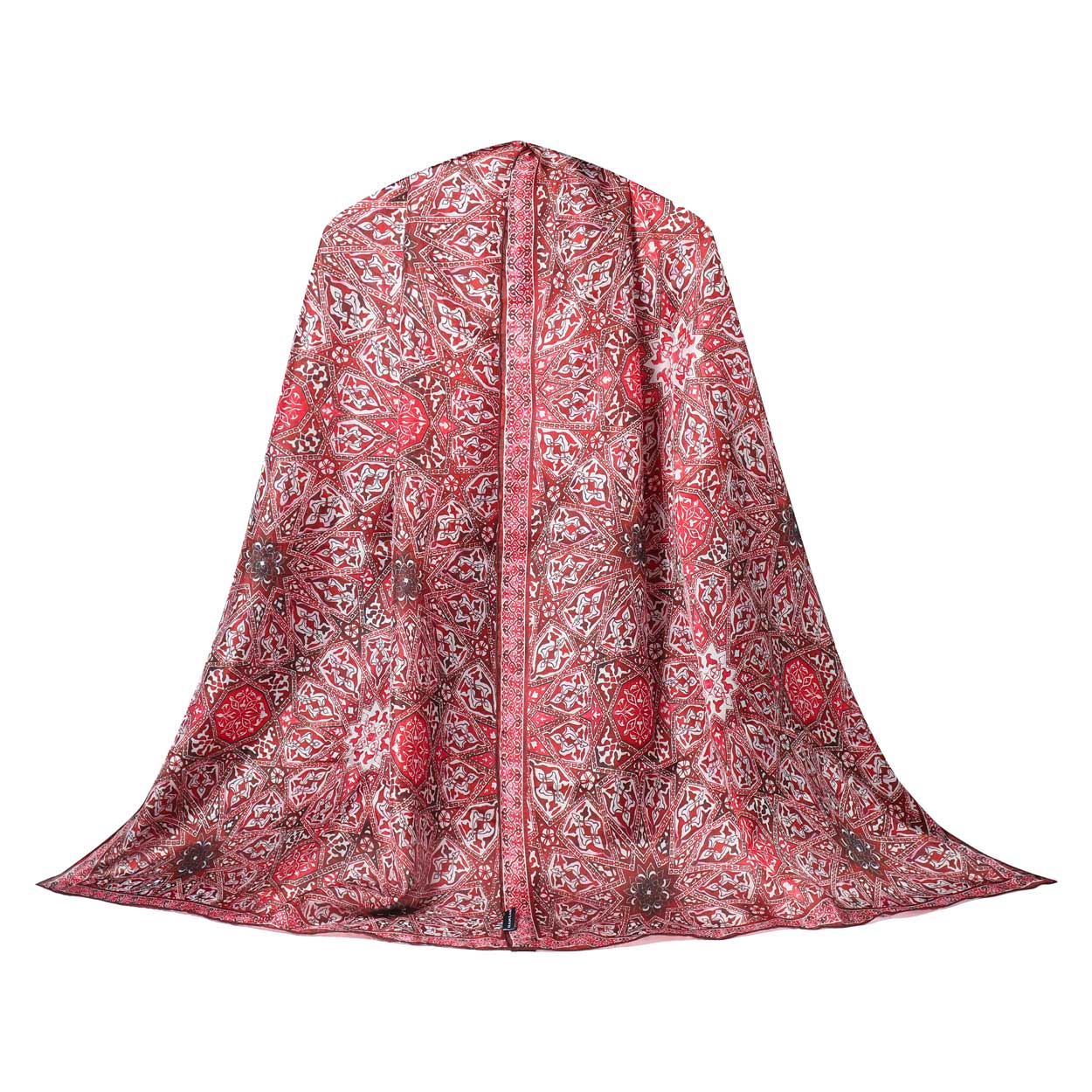 Elegant red silk scarf featuring intricate Andalusian and Moroccan-inspired geometric patterns. A luxurious and timeless accessory for any occasion.