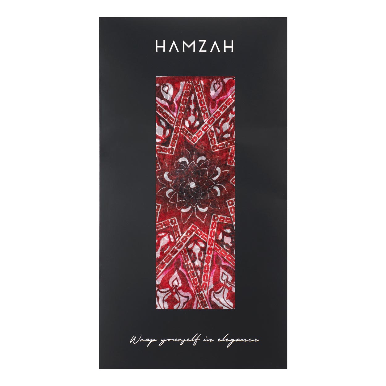 Elegant Hamzah silk scarf packaging featuring a luxurious red Andalusian-inspired design. Perfect for gifting, this premium box highlights the intricate Islamic art motifs of the scarf inside.