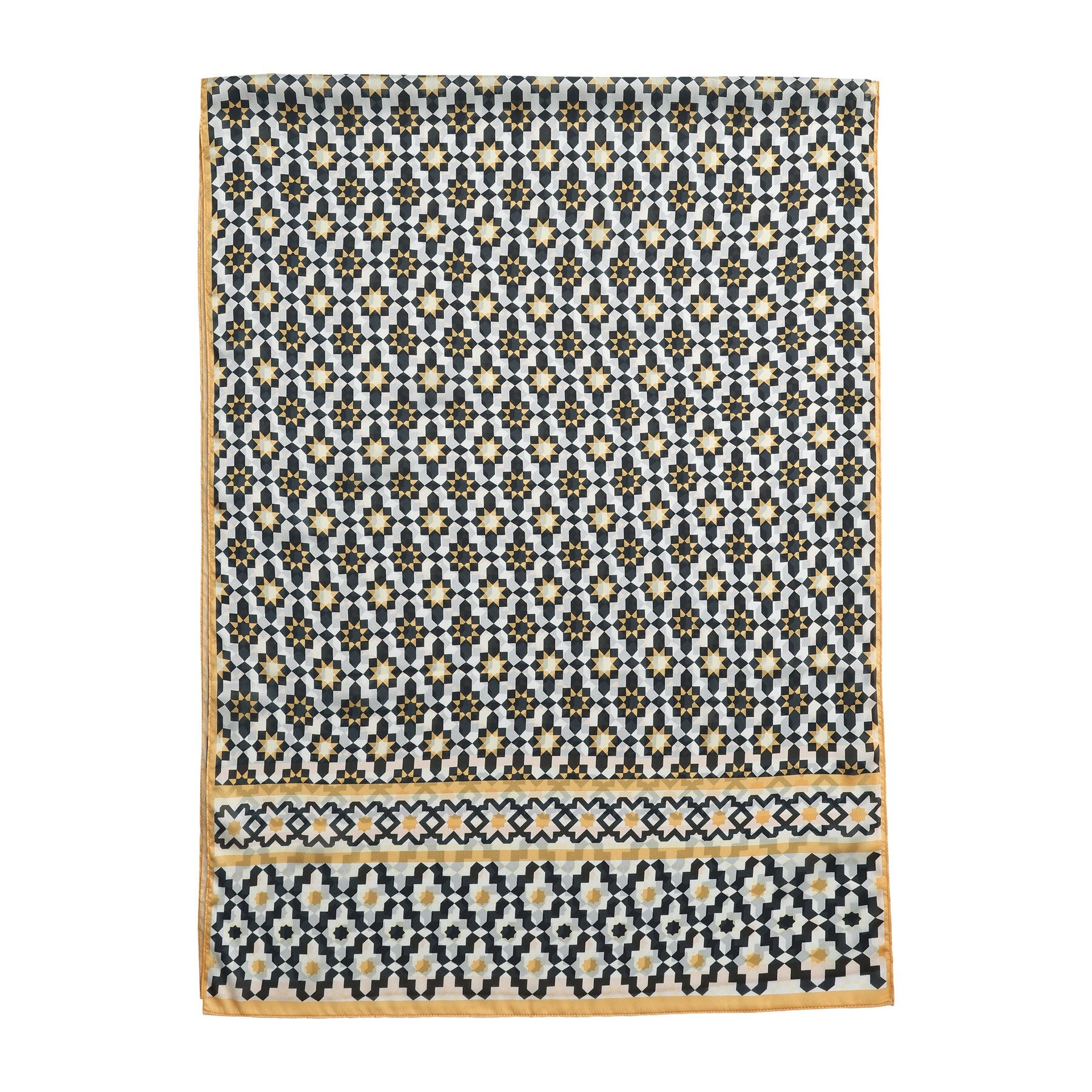 Pañuelo Riyad – estampado de mosaico andalusí en negro y oro, detalle 2