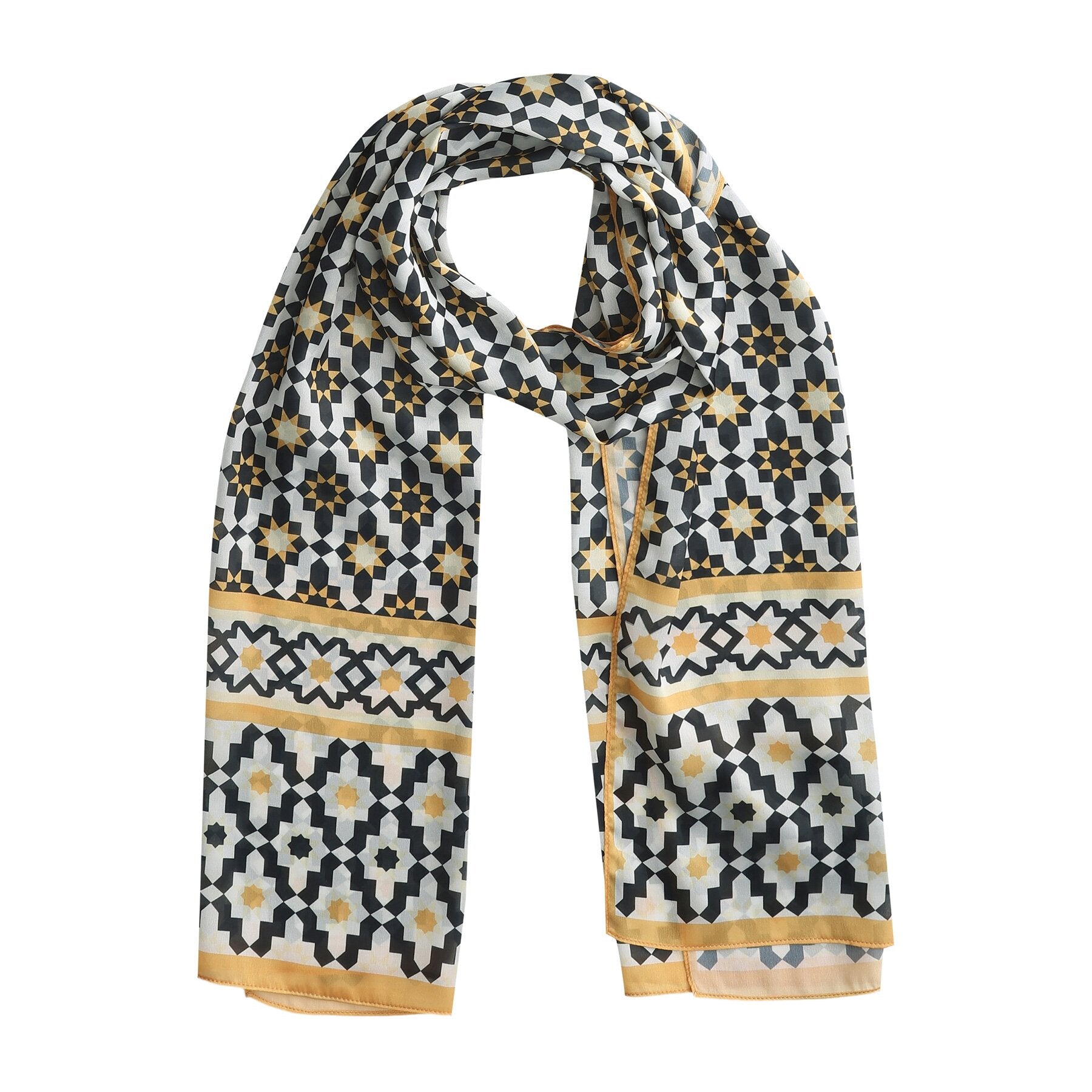 Pañuelo Riyad colocado, con el estampado de mosaico andalusí en negro y oro sobre satén