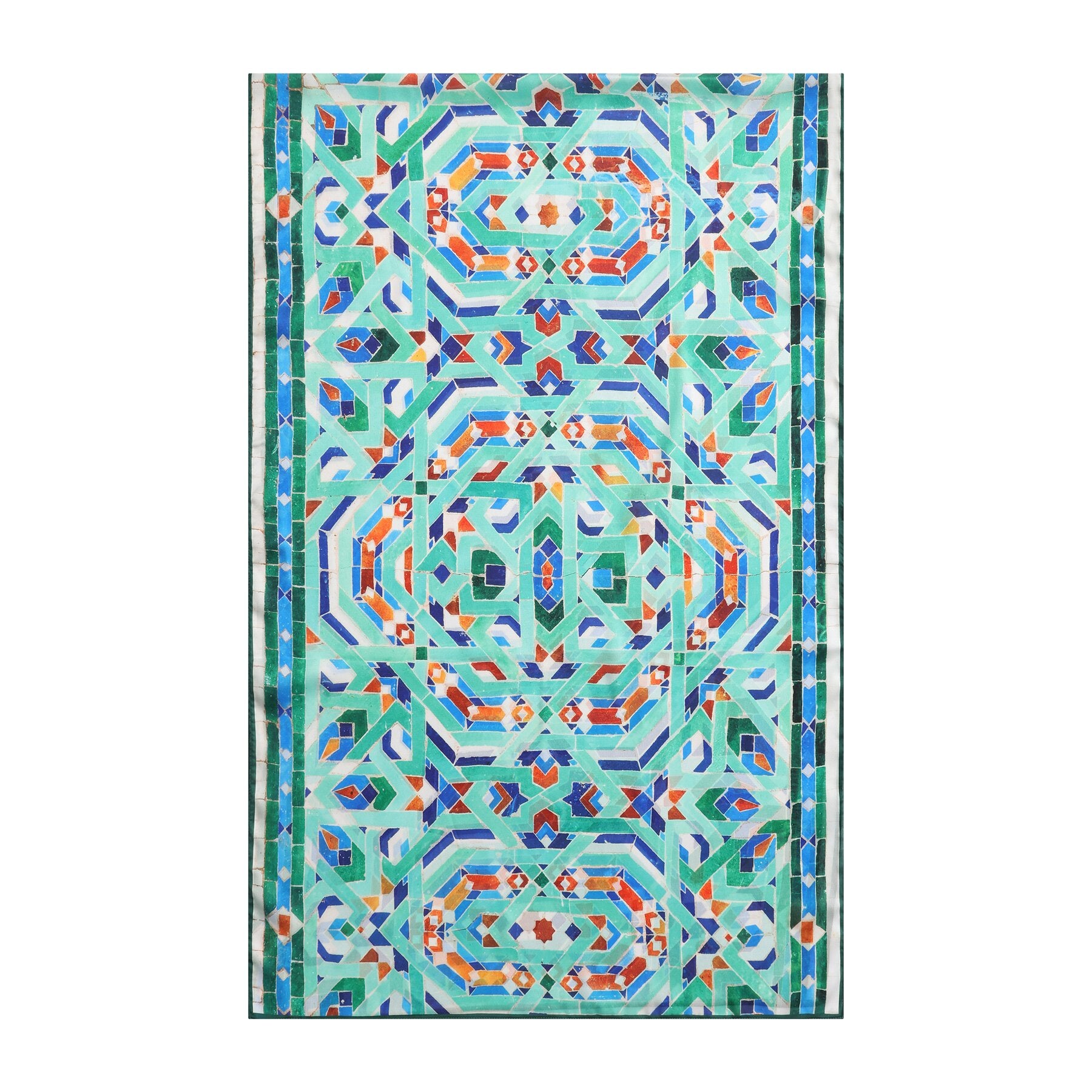 Pañuelo Safa – estampado de mosaico andalusí en menta y cobalto, detalle 2