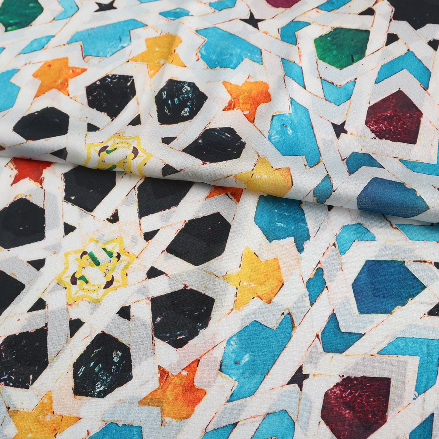Pañuelo Sahra – estampado de mosaico andalusí en multicolor, detalle 3