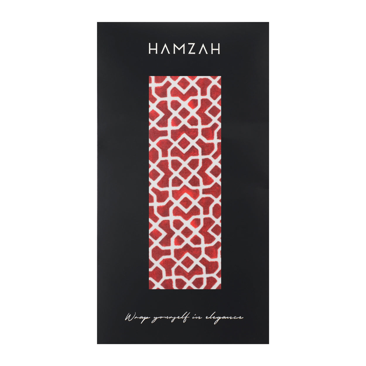 Folded scarf packaging featuring the red and green Islamic art design by Hamzah.
