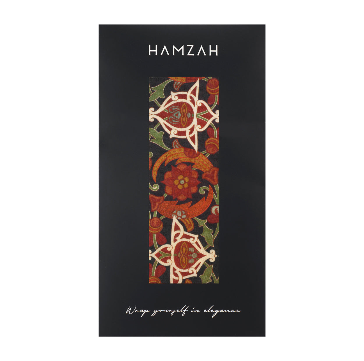 Packaging for Hamzah scarves featuring elegant Islamic art-inspired designs.