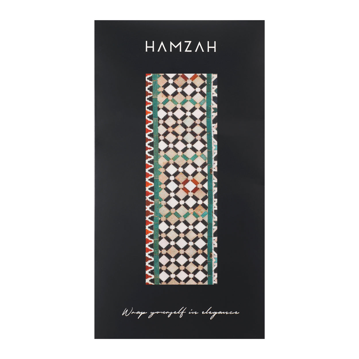 Packaging of Hamzah brand featuring a multicolor scarf with Islamic art-inspired mosaic patterns.