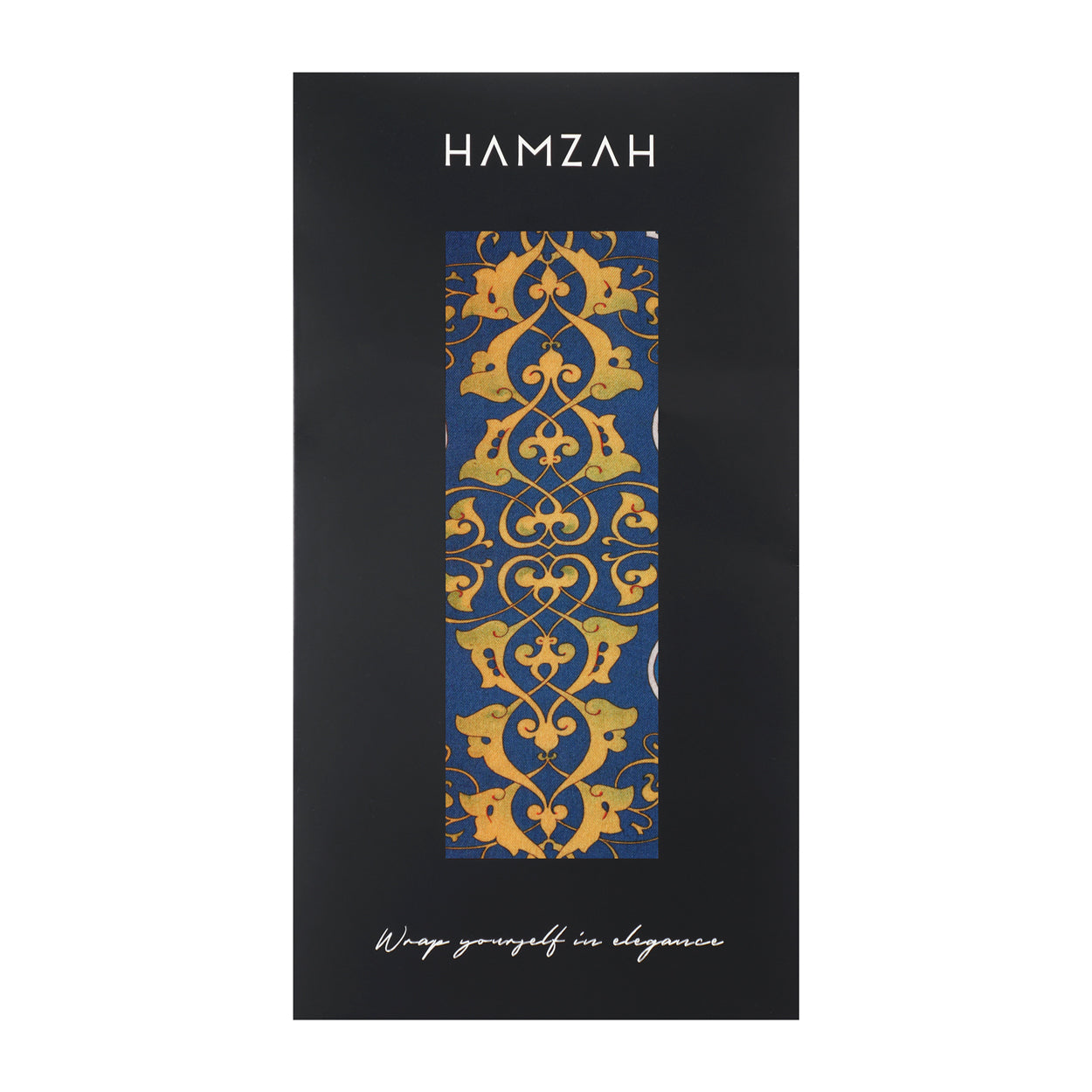 Hamzah scarf packaging highlighting the intricate arabesque motifs.