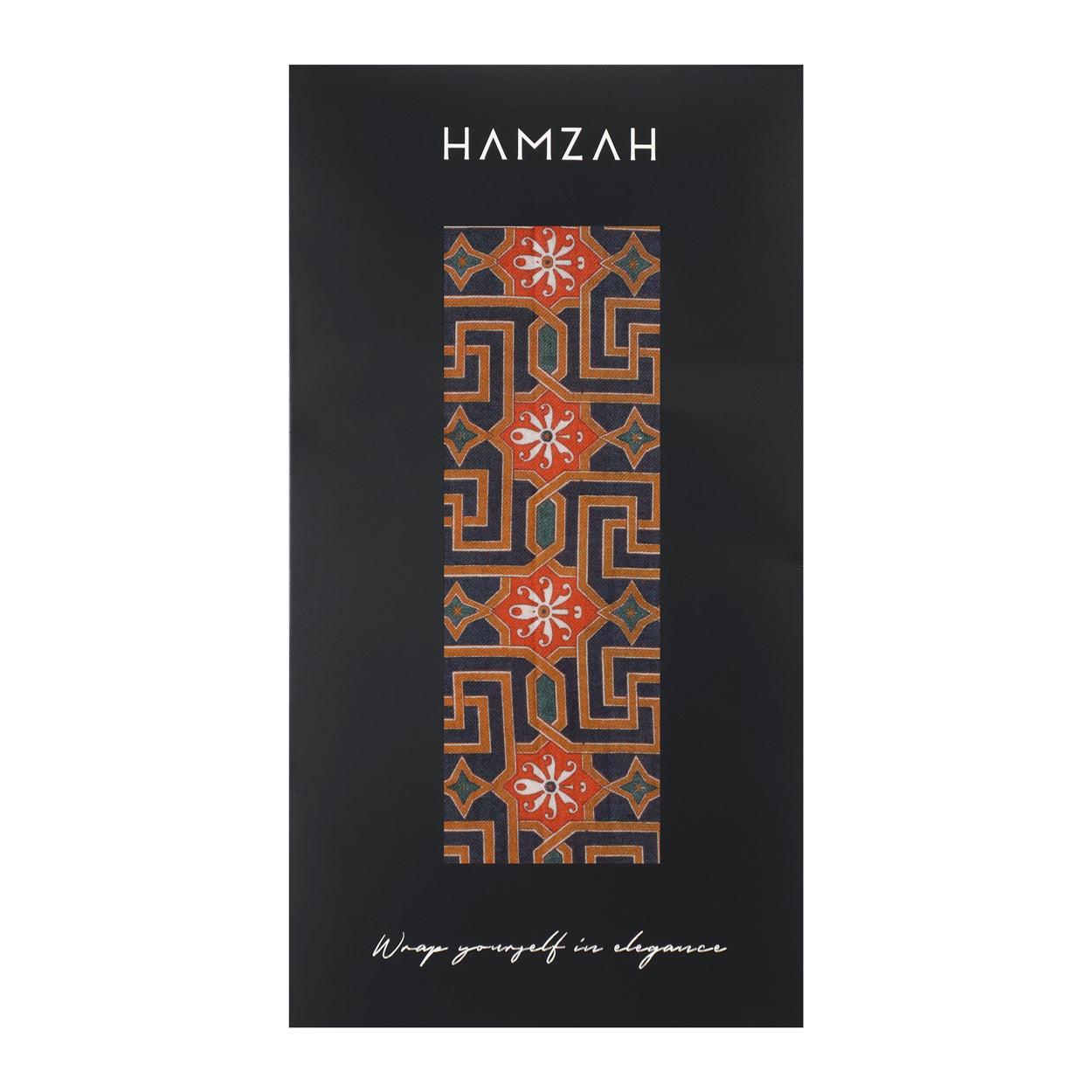 Packaging for Hamzah's Lyabi scarf featuring elegant Islamic art-inspired designs.