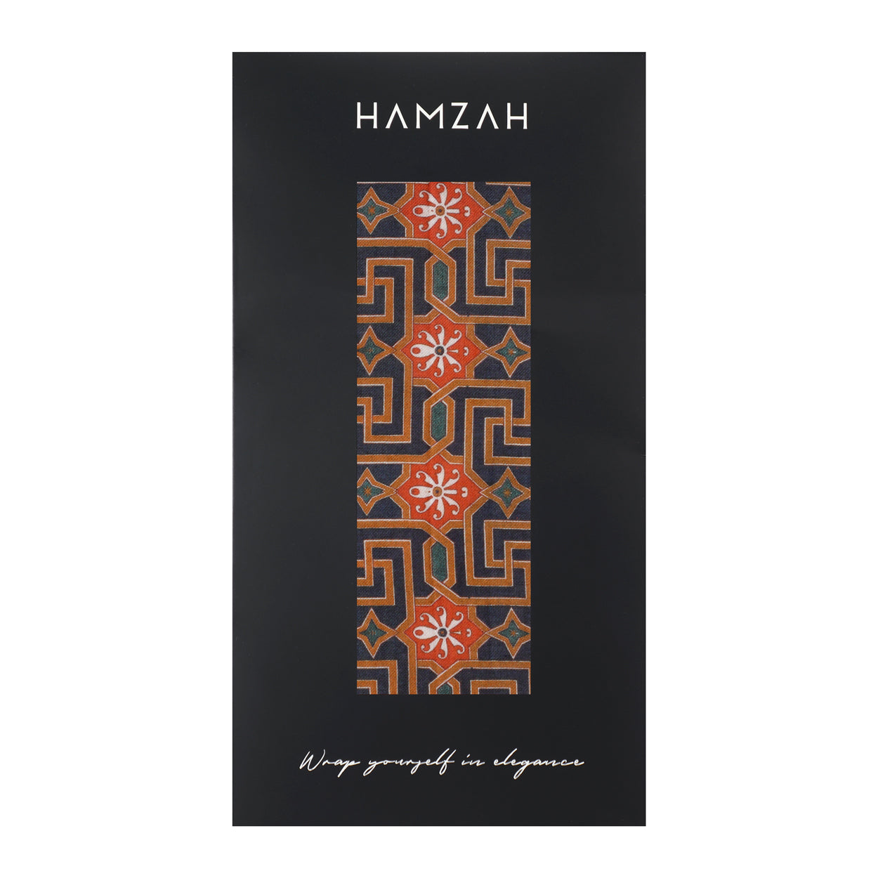 A black rectangular box with HAMZAH at the top features a central strip in luxurious modal, adorned with Islamic