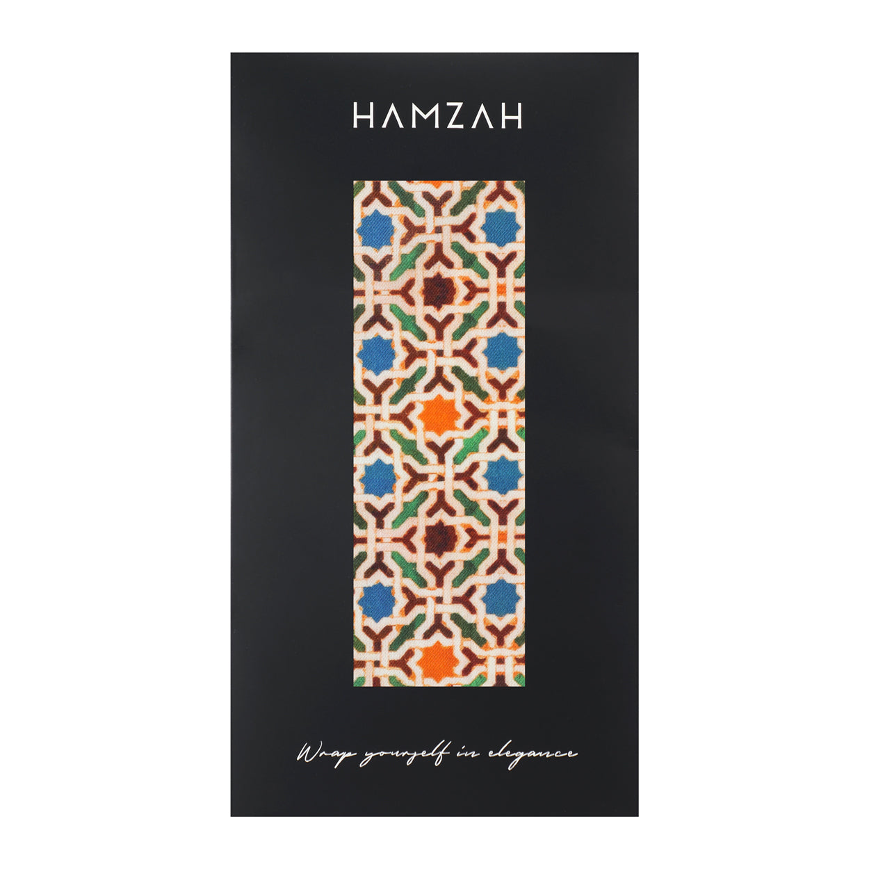 Hamzah brand scarf packaging featuring the Alhambra tiles inspired scarf.