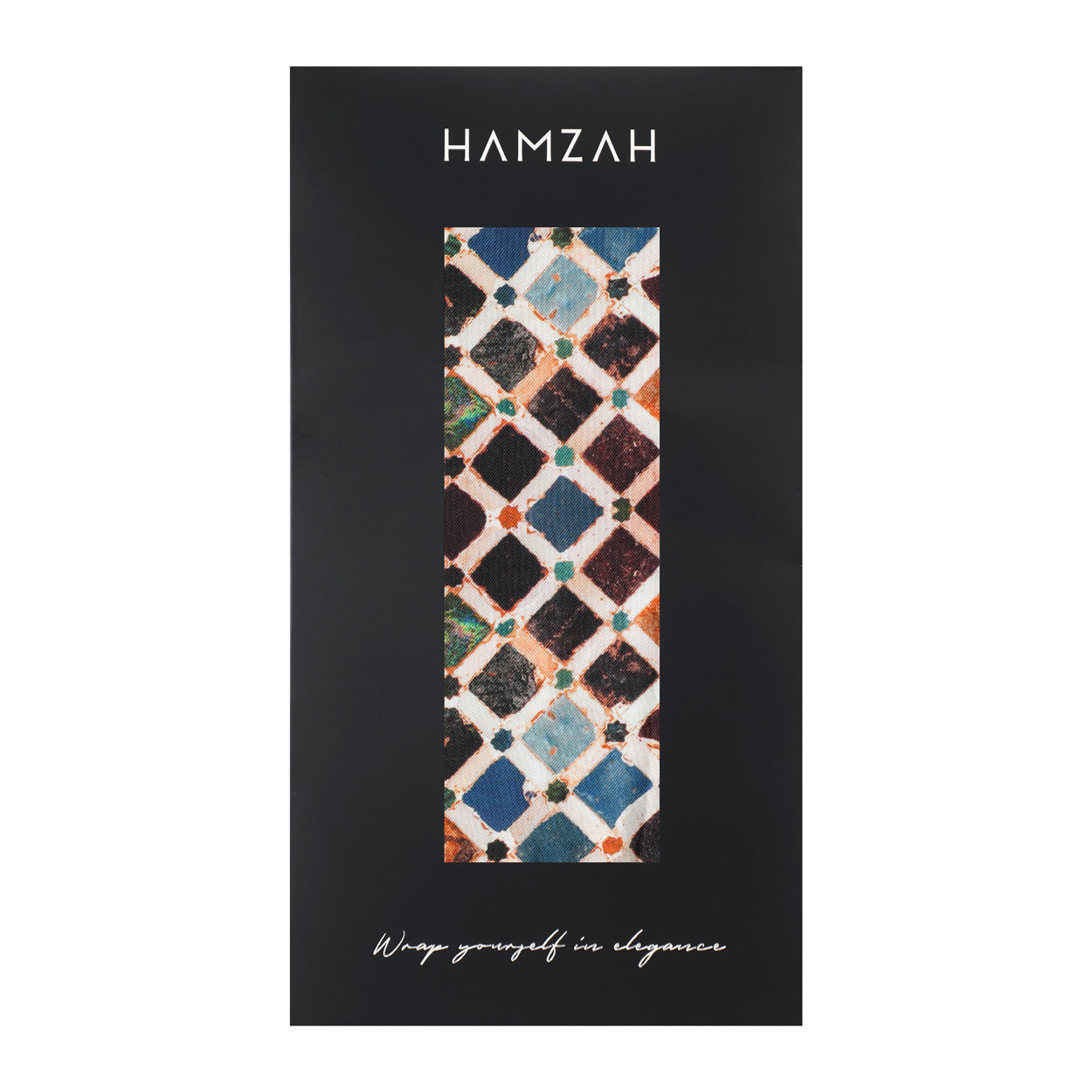 Elegant packaging of Hamzah brand scarf featuring Alhambra tile design.