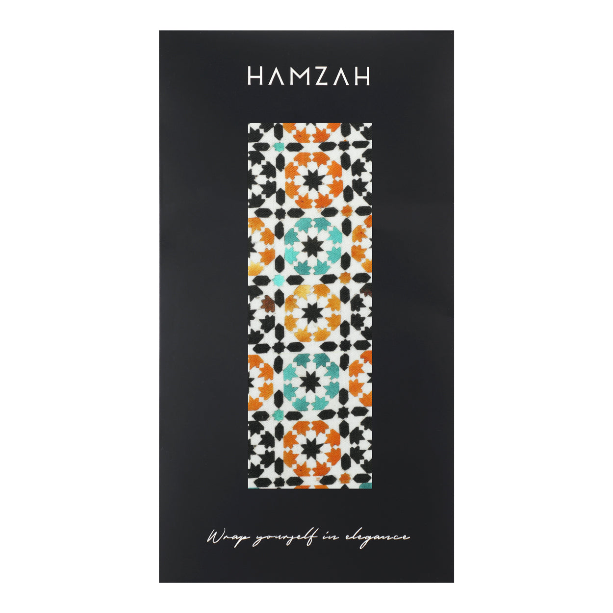 Hamzah brand packaging featuring the green and orange scarf design.