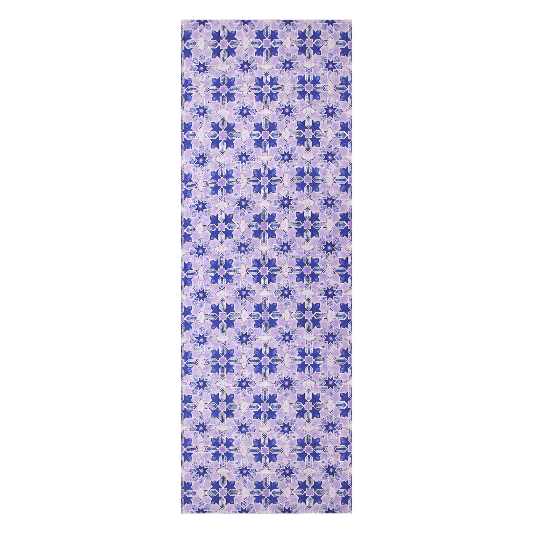 A purple silk scarf featuring an Islamic art print inspired by Sevilla, adorned with symmetrical floral and star-like designs in a geometric pattern.