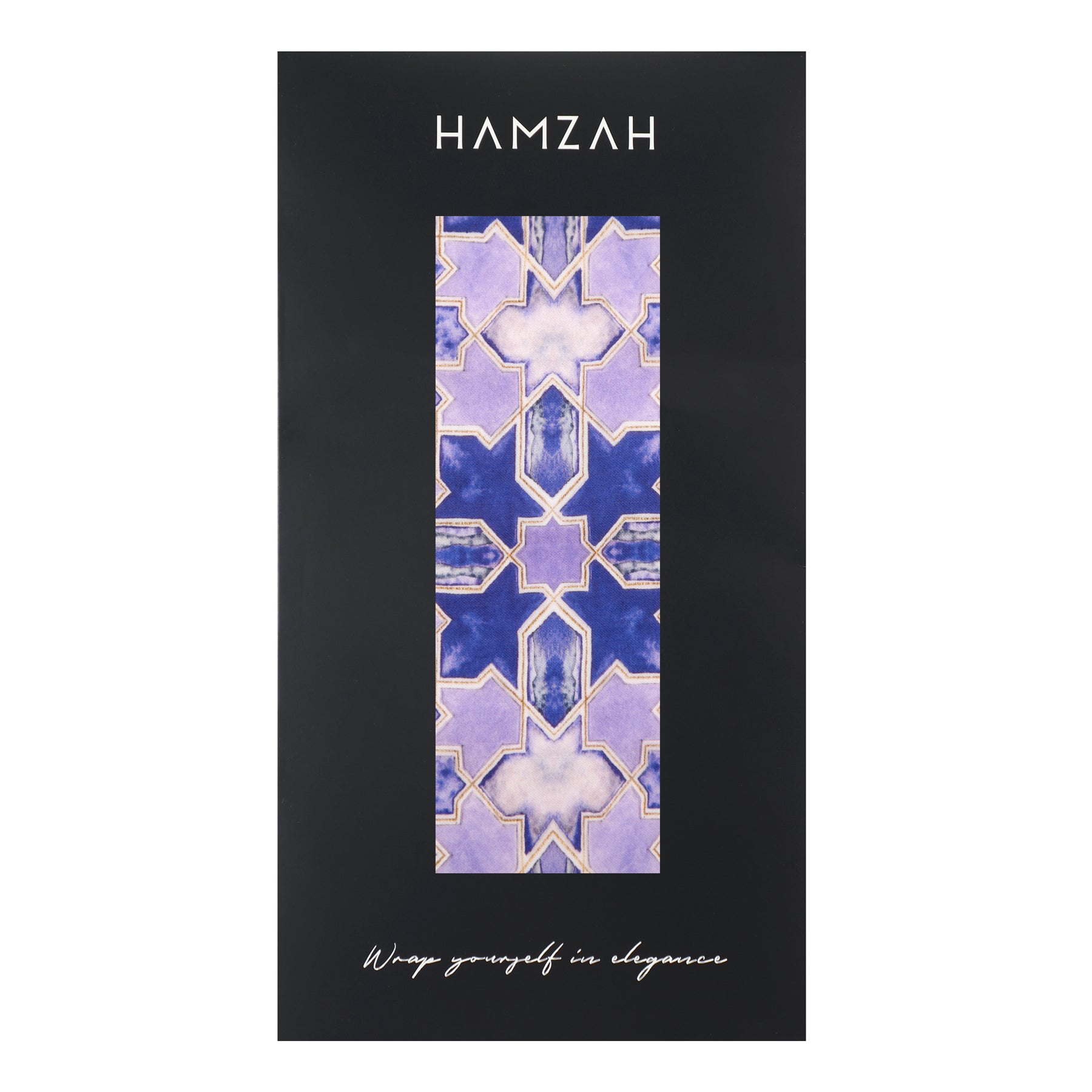 A rectangular package labeled Purple Scarf for Women - 100% Modal shows a blue and purple geometric Islamic-inspired fabric through a vertical window, with "Wrap yourself in elegance" written below on a black background.