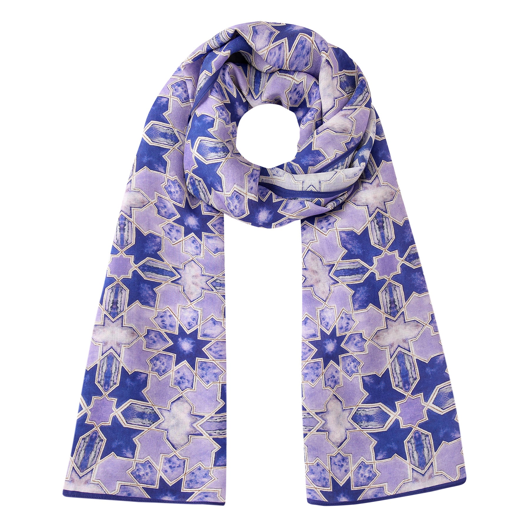 The Purple Scarf for Women - 100% Modal showcases a blue geometric star pattern inspired by Islamic design, arranged in a neat circle with both ends draped elegantly downward.