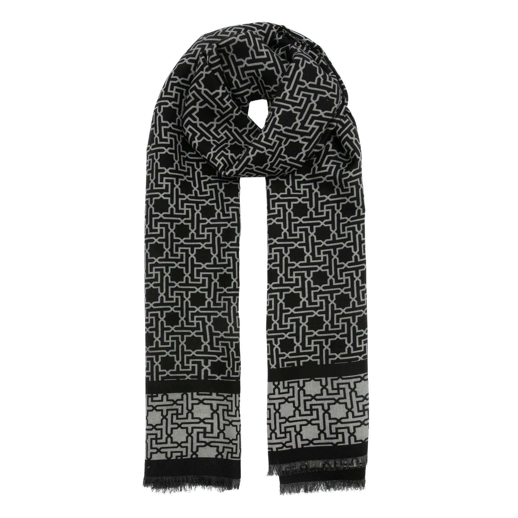 The Hamzah Silk Wool Black and Gray Scarf Rawdah V1 showcases a detailed Islamic geometry print with intersecting lines and shapes, offering a modern, stylish look. Finished with fringed edges, this versatile accessory pairs easily with many styles.