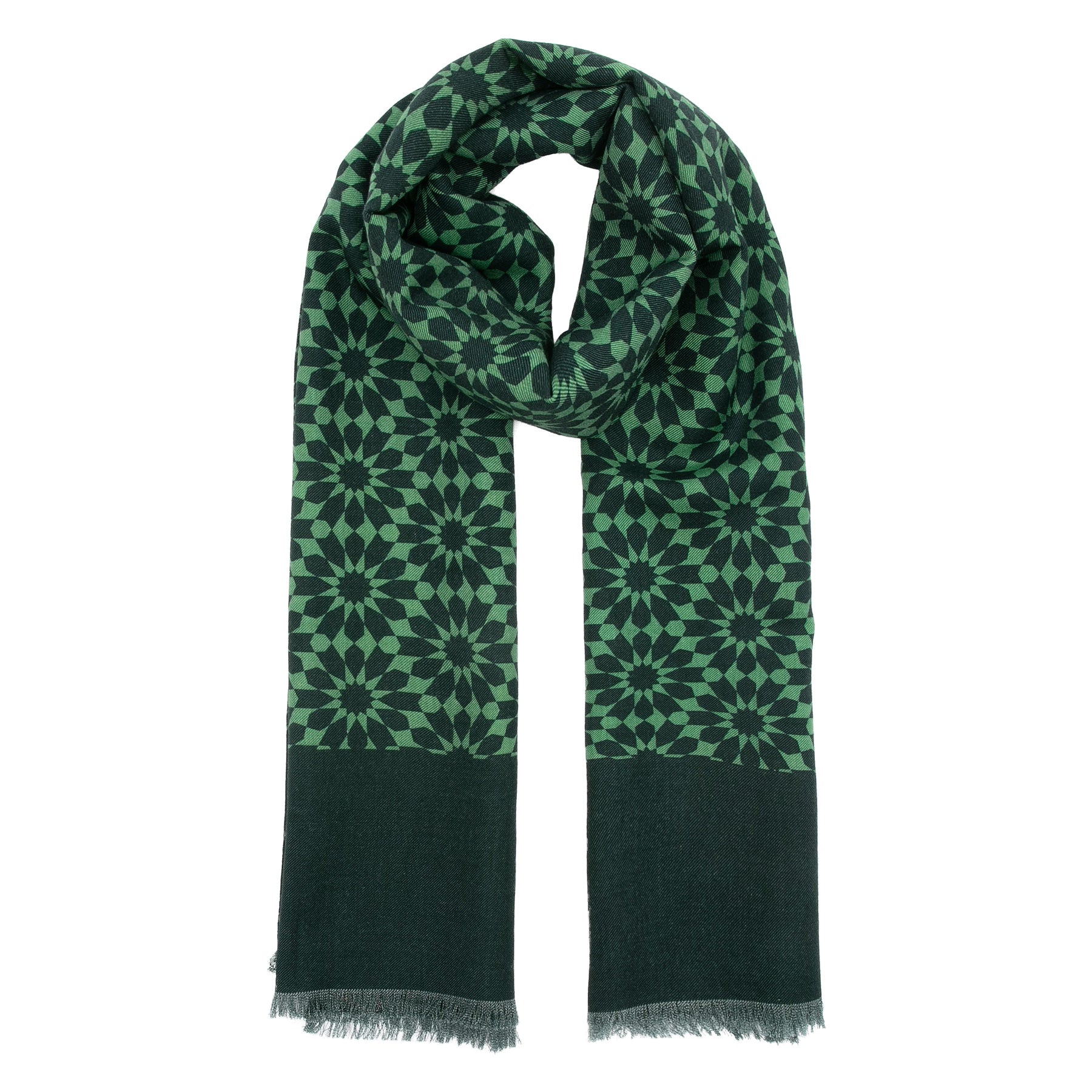 The Silk and Wool Green Scarf Dinah V1 by Hamzah is a chic accessory featuring an Islamic geometry print with star-like green shapes, solid dark green ends, and a stylish fringe.