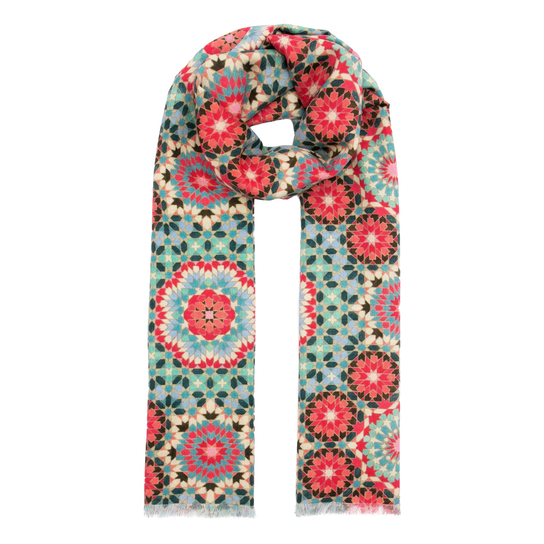 The Hamzah Large Silk and Wool Multicolor Scarf Baraka V1 is a luxury fashion accessory, boasting intricate geometric floral patterns in red, blue, and green. With a looped end and repeating circular motifs, it offers a vibrant and eye-catching look.