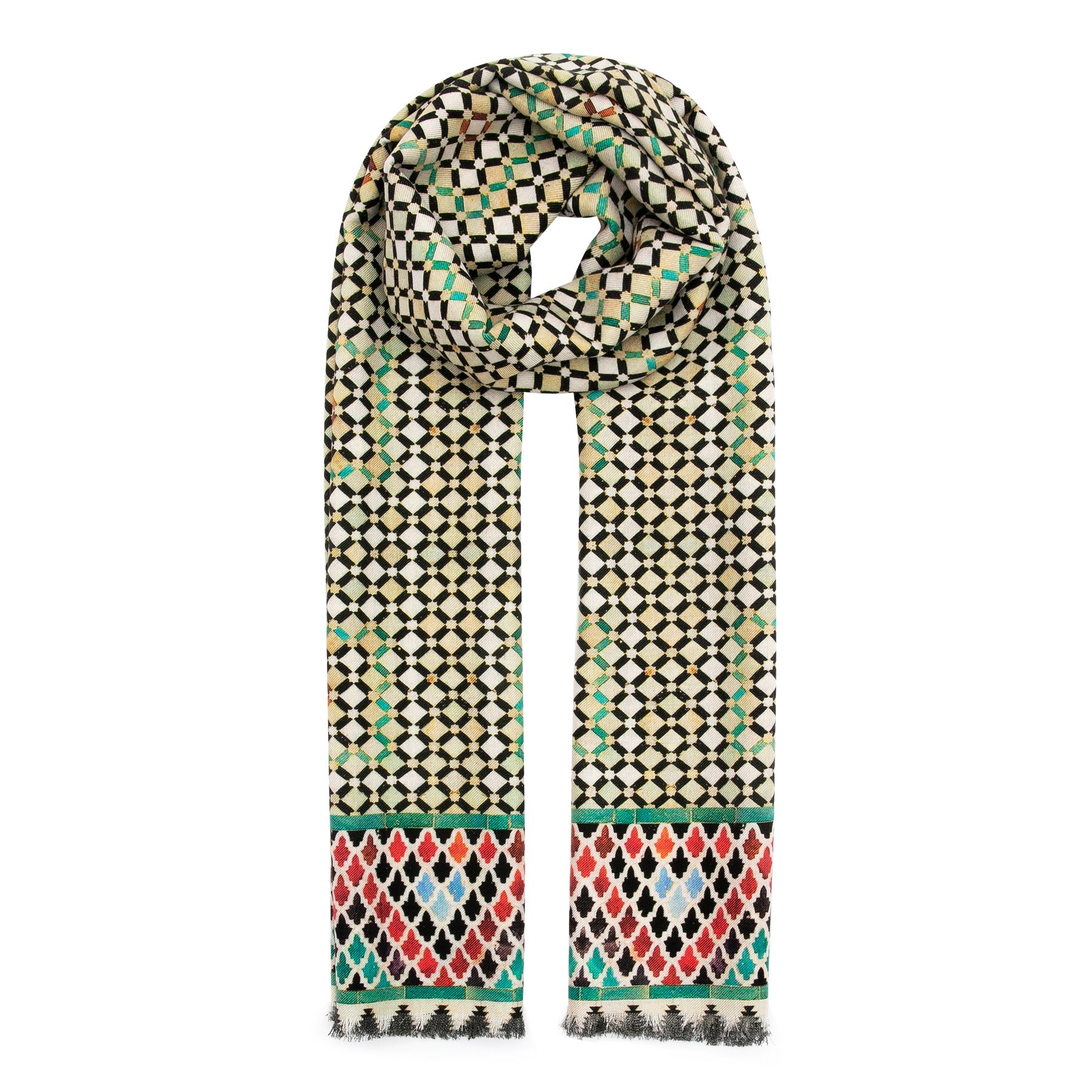 The Hamzah Silk and Wool Scarf Hub is a luxury accessory featuring a black and white checkerboard design with vibrant red, green, and blue Islamic Art-inspired geometric patterns at the bottom. Neatly folded with fringed edges, it elegantly enhances any ensemble.