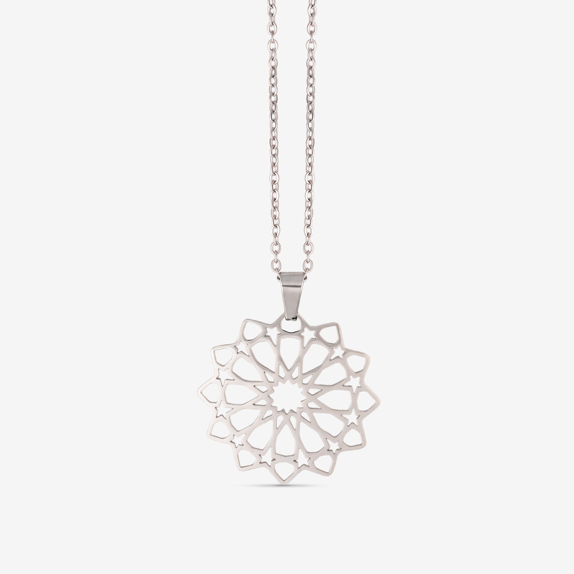 Stainless steel openwork necklace with a twelve-point Alhambra star rosette