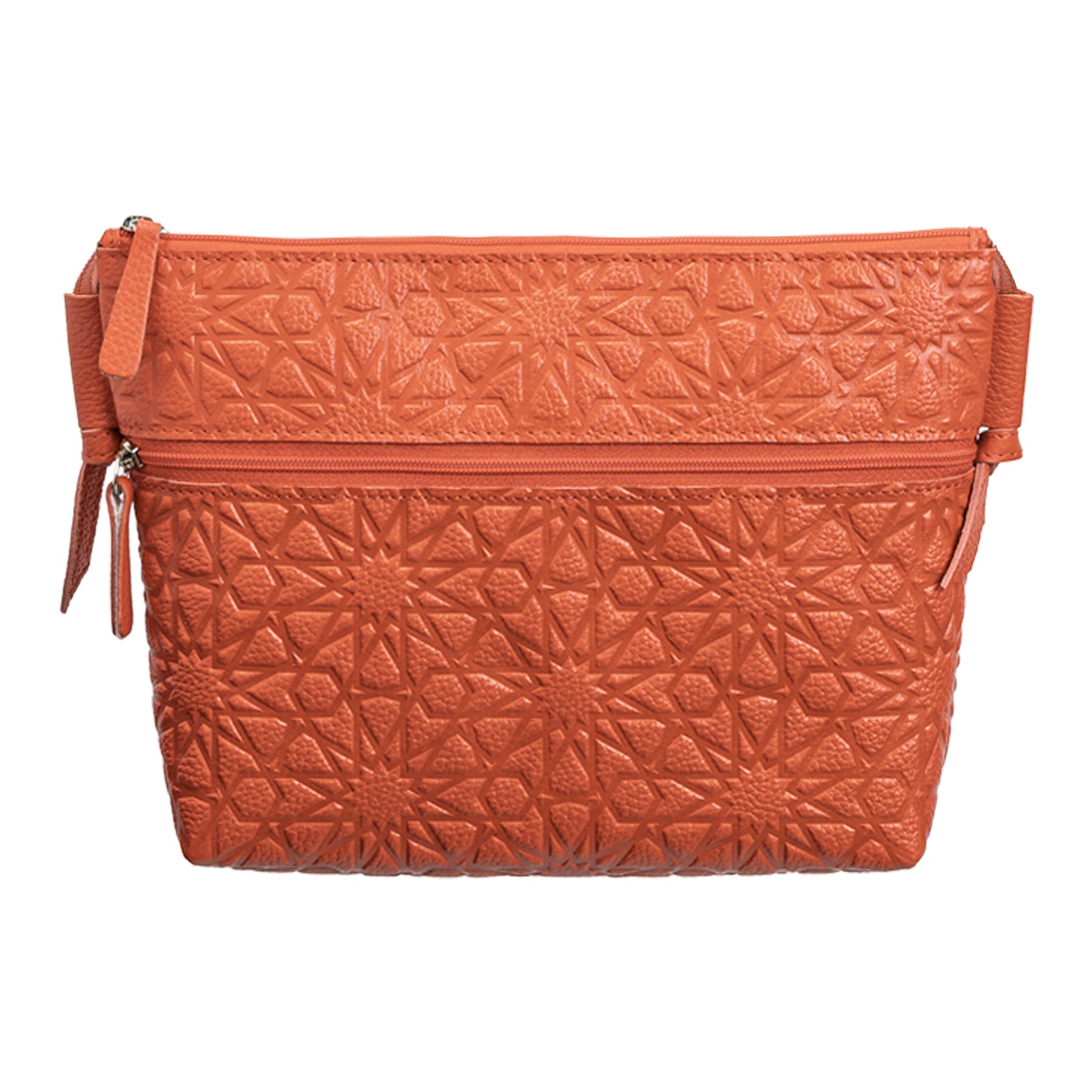 The Orange Embossed Crossbody Bag features a genuine cowhide leather build, geometric Islamic design patterns, a zippered closure, and a handy side tab.