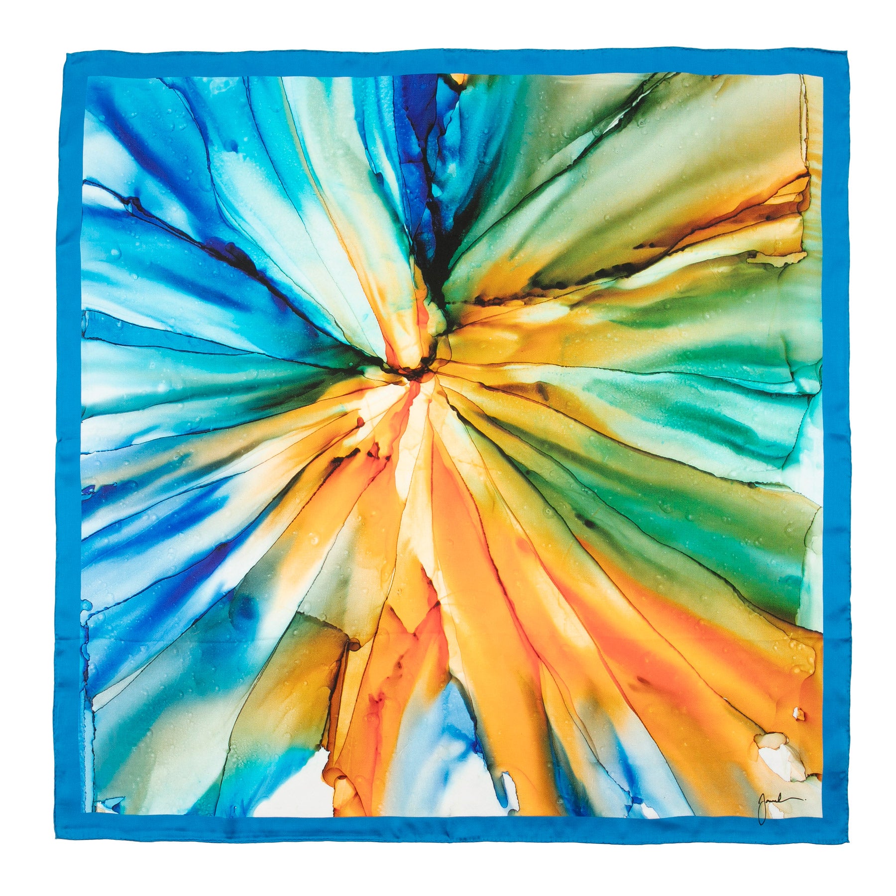 The Blue and Orange Silk Scarf Square features a satin silk material with a blue border and a vibrant abstract fluid art print in blue, green, yellow, and orange radiating from the center.