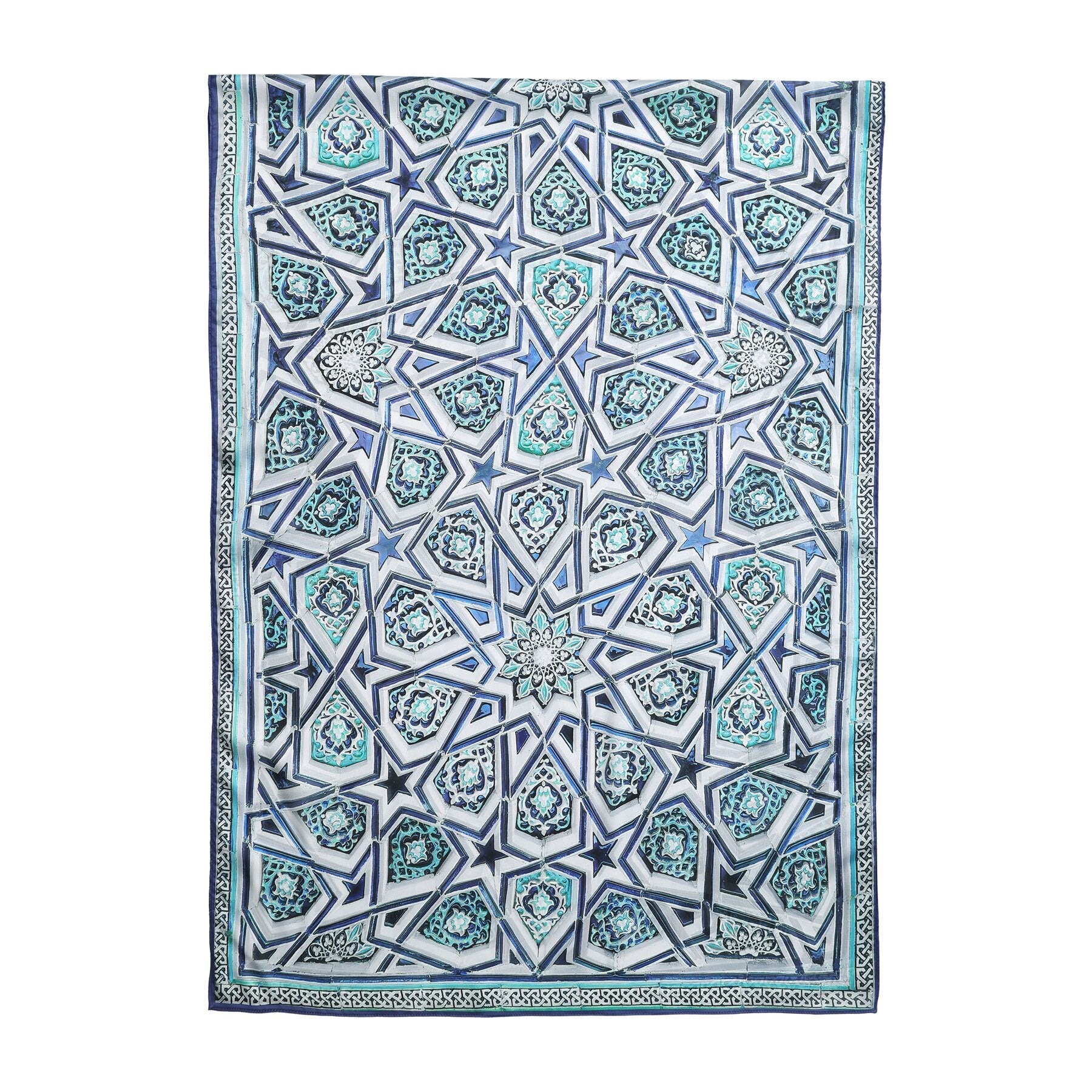 Pañuelo Taraz – estampado de mosaico andalusí en azul marino y turquesa, detalle 2