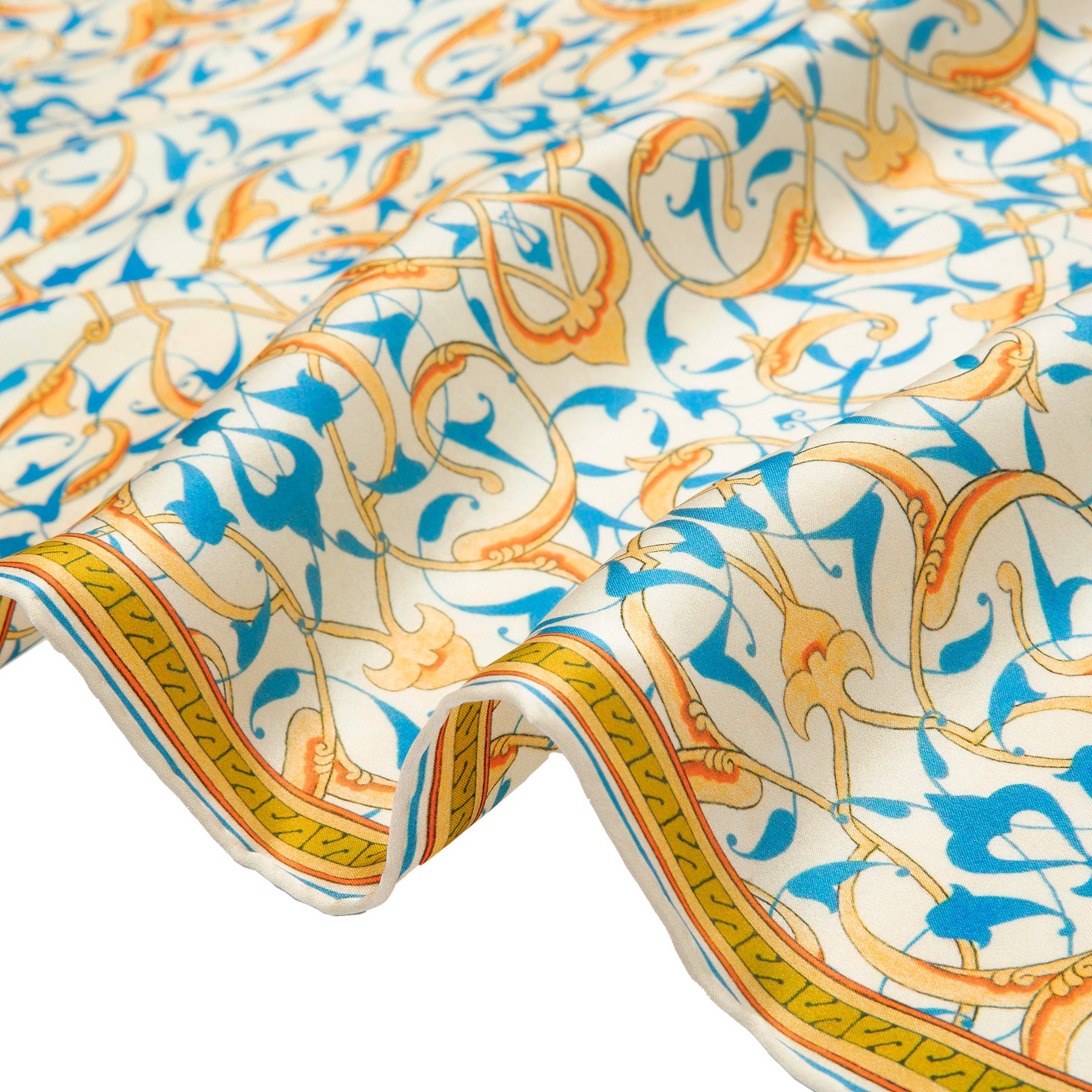 Hand-rolled edge detail of the Turkish Print Inspired Silk Scarf Rumi · Double-Sided