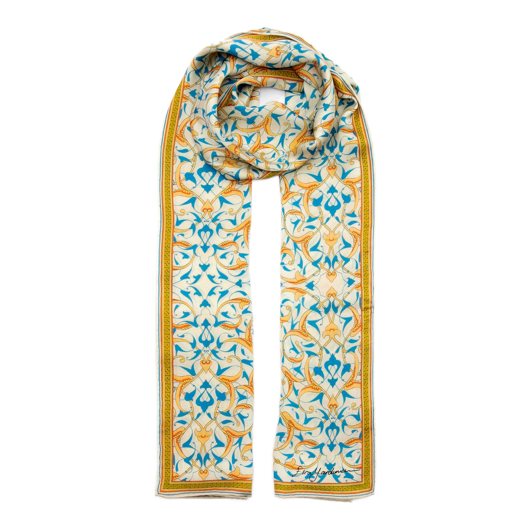 Turkish Print Inspired Silk Scarf Rumi · Double-Sided, draped around the neck