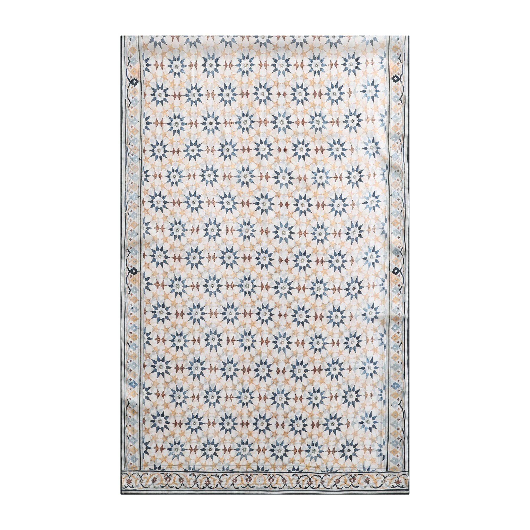 Pañuelo Ufuq – estampado de mosaico andalusí en crema y azul pizarra, detalle 2