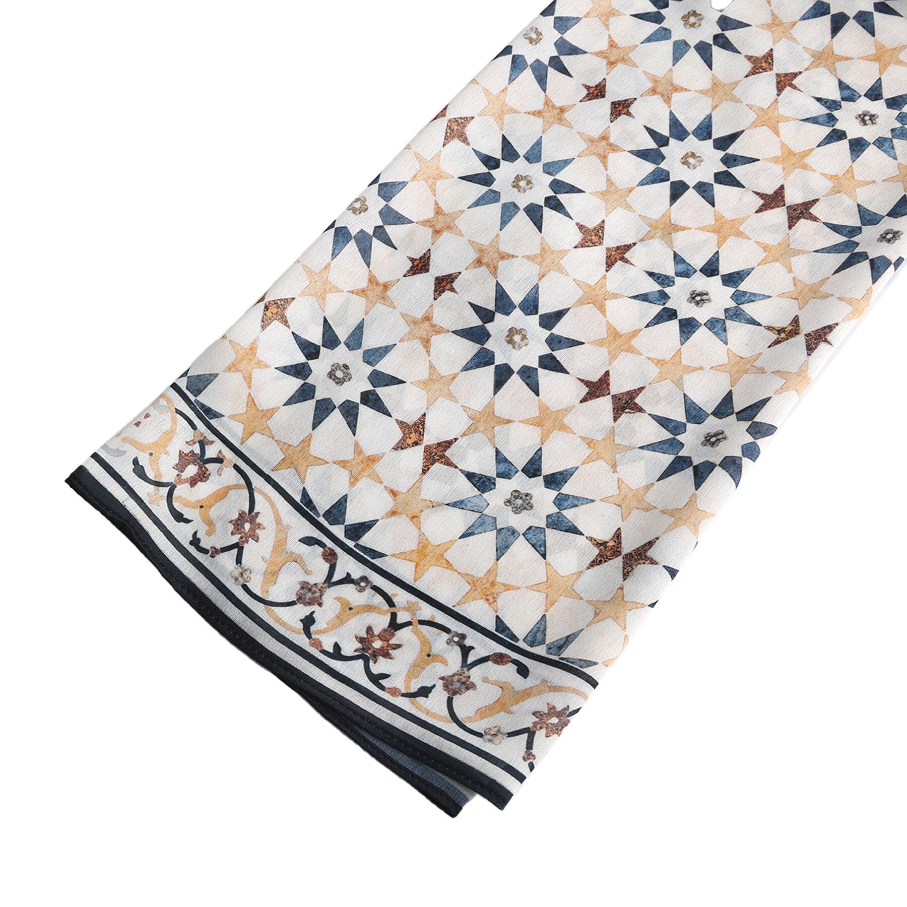 Pañuelo Ufuq – estampado de mosaico andalusí en crema y azul pizarra, detalle 7