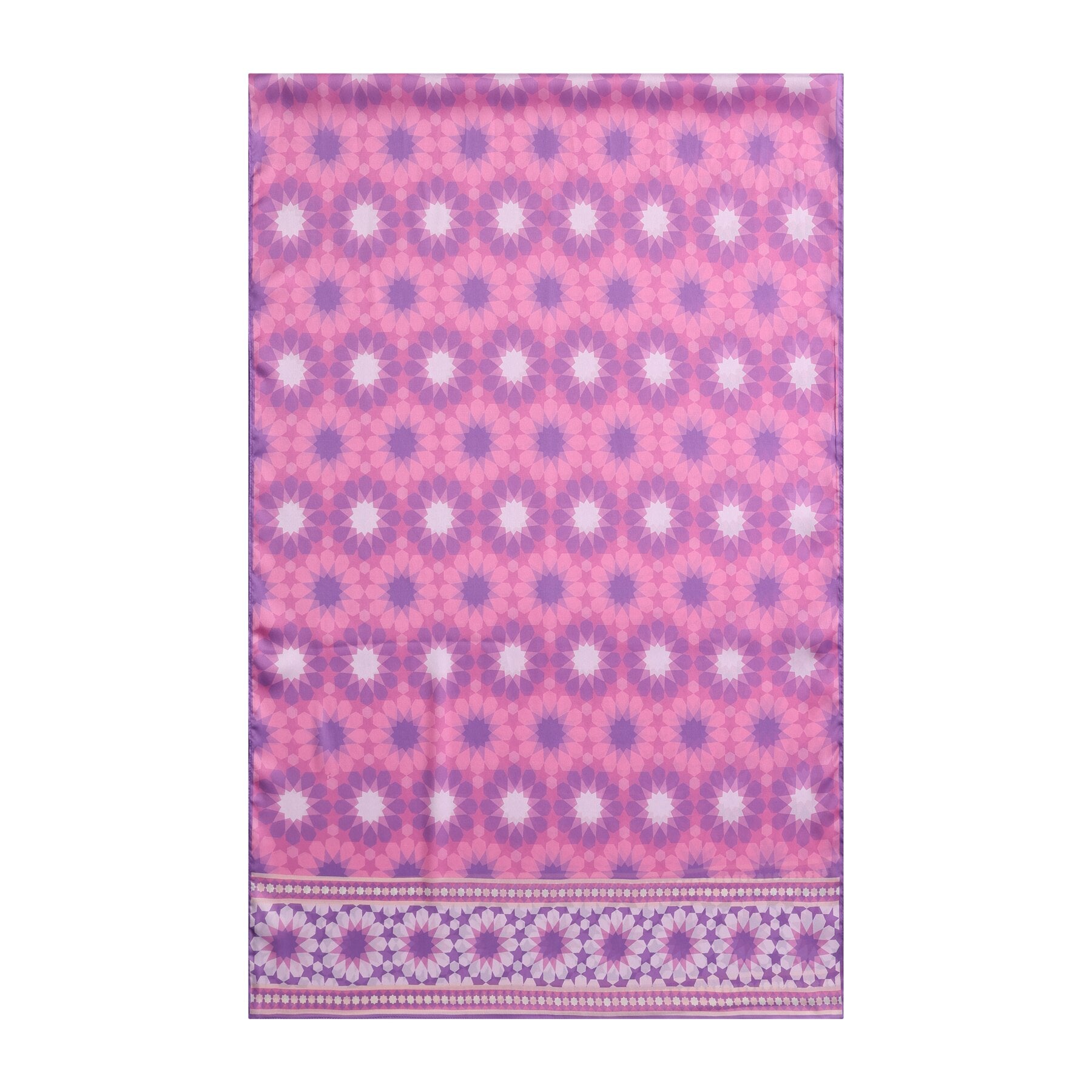 Pañuelo Wadi – estampado de mosaico andalusí en rosa y lila, detalle 2