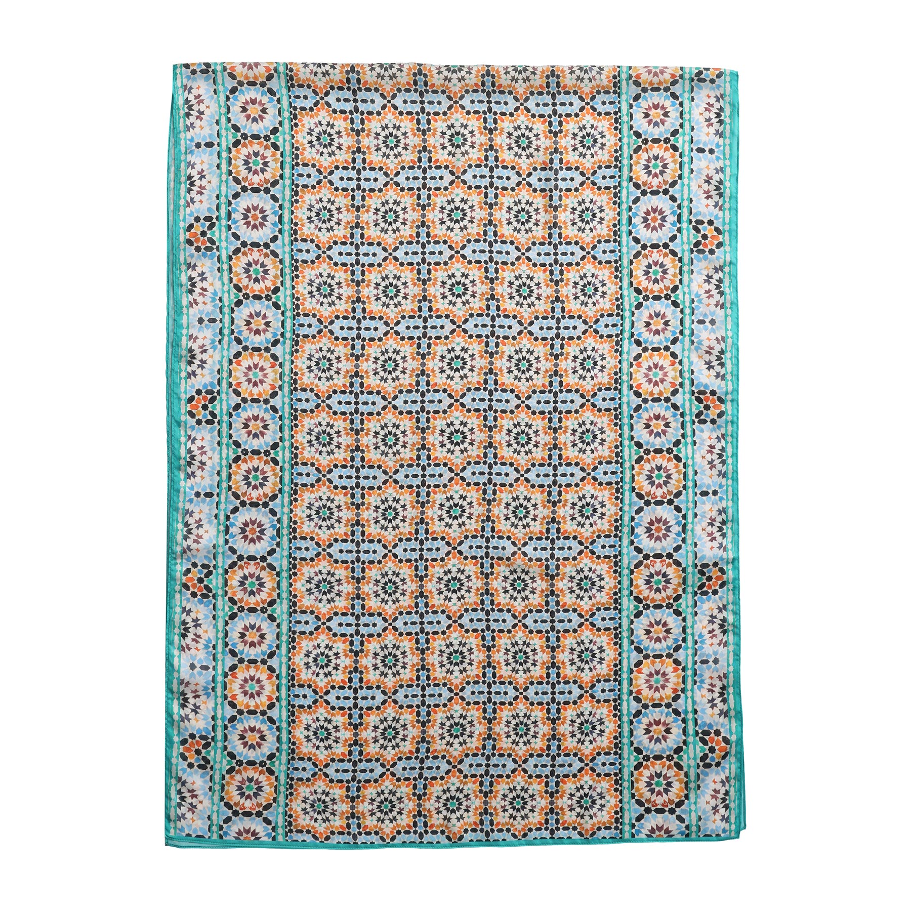 Pañuelo Wasl – estampado de mosaico andalusí en ocre y verde azulado, detalle 2