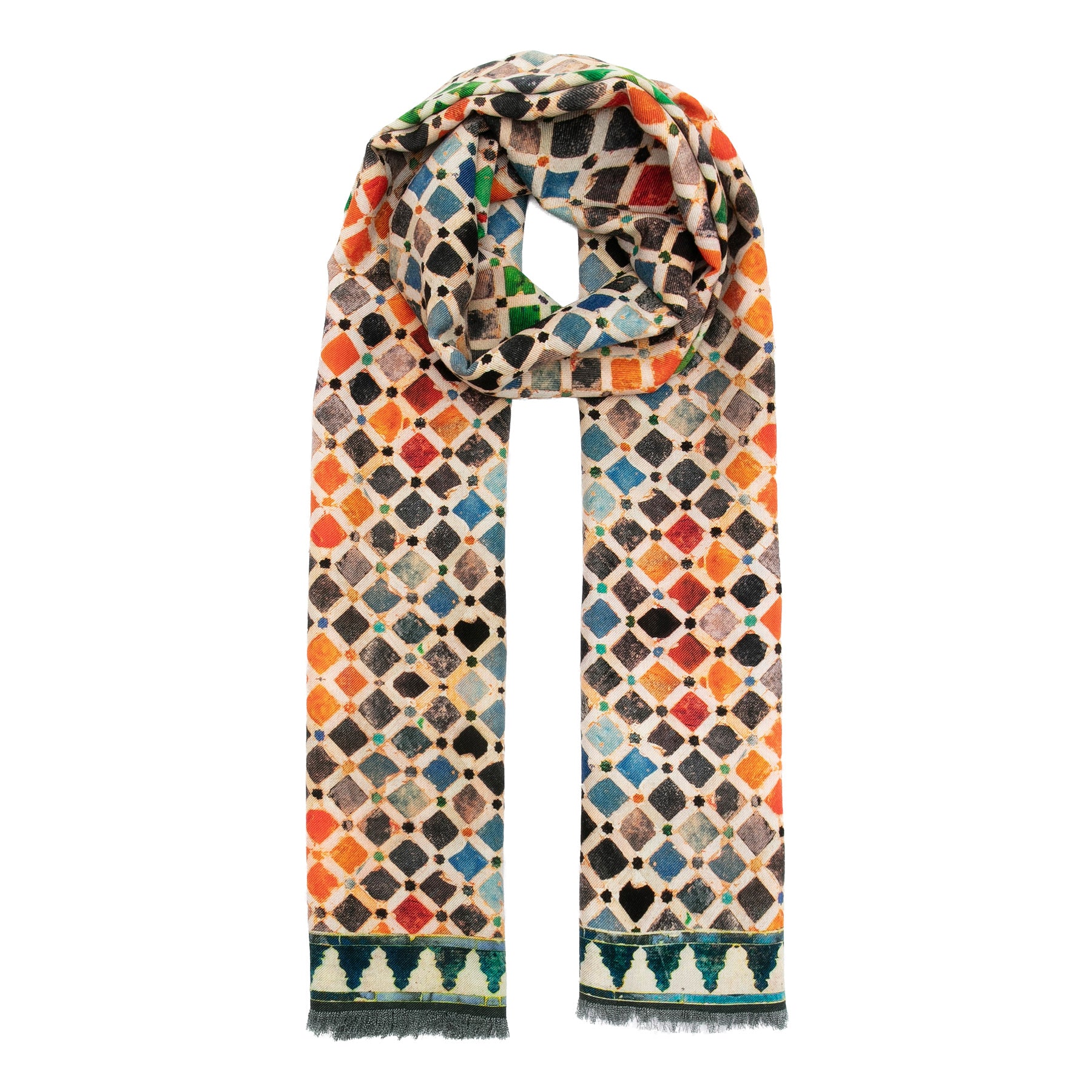 Silk and wool large scarf with multicolor print