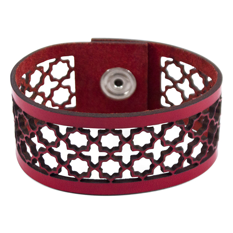 Laser cut leather bracelet in red color made with laser cut