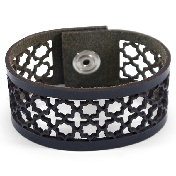 Moroccan tiles inspired black leather bracelet