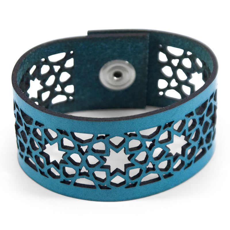 Blue laser cut leather bracelet inspired by Alhambra Palace Tiles