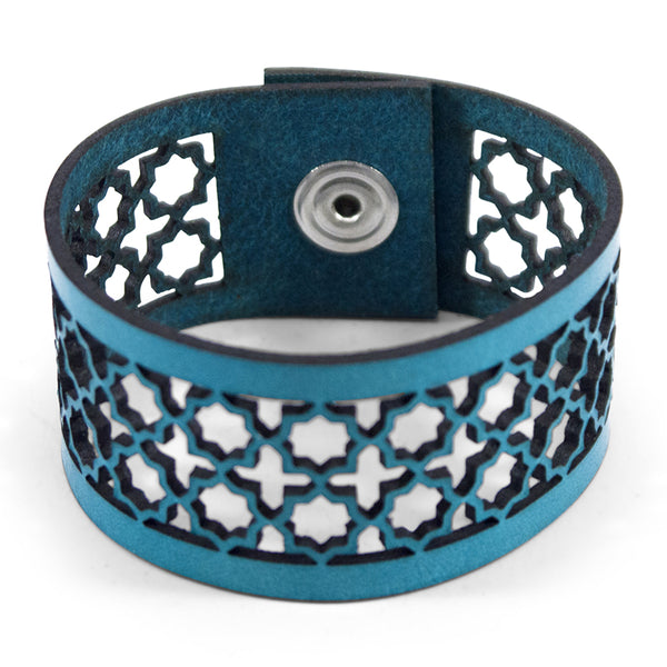 Laser Cut Blue Leather Bracelet Moroccan Tiles