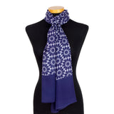 Large neck scarf with blue and gray print inspired by Islamic Art