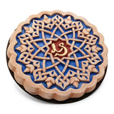 Islamic art inspired wall hanging art made of plaster and wood and han painted with blue, brown, red and gold