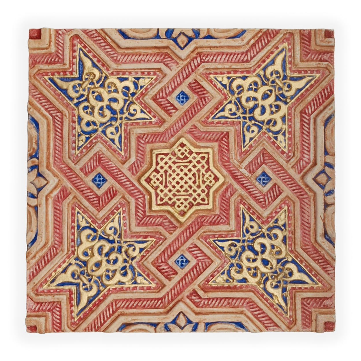 Blue, gold, red and brown plaster artwork for islamic home decor