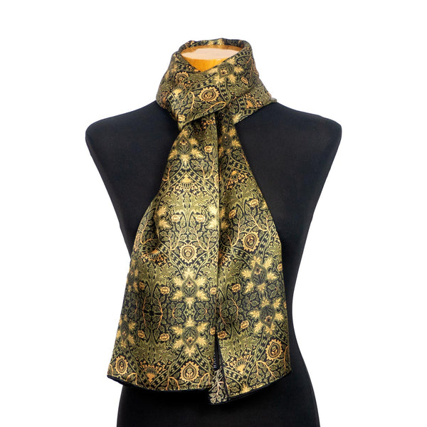 Olive green and yellow silk neck scarf